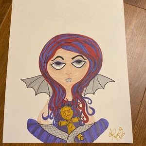 Unframed Original Art Batwinged Goth Girl w Voodoo Doll Cartoon Portrait